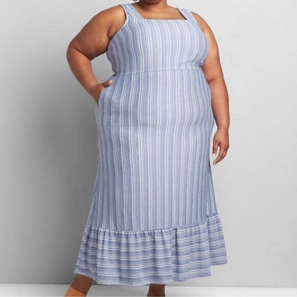 LANE BRYANT- Plus Blue Striped Soft Knit Sleeveless Maxi Dress Ruffle Hem, 18/20 - Picture 12 of 13